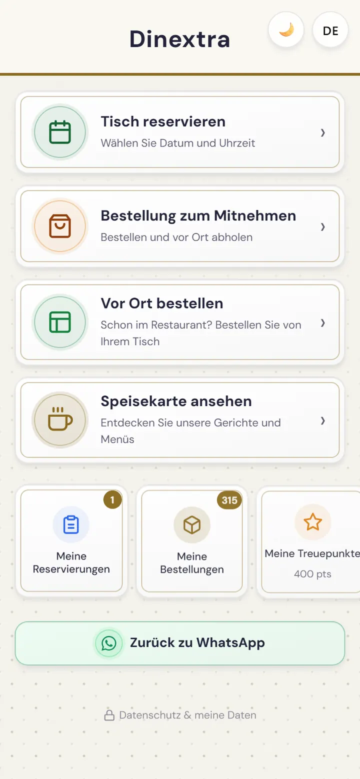 Startbildschirm der Restaurant-Web-App