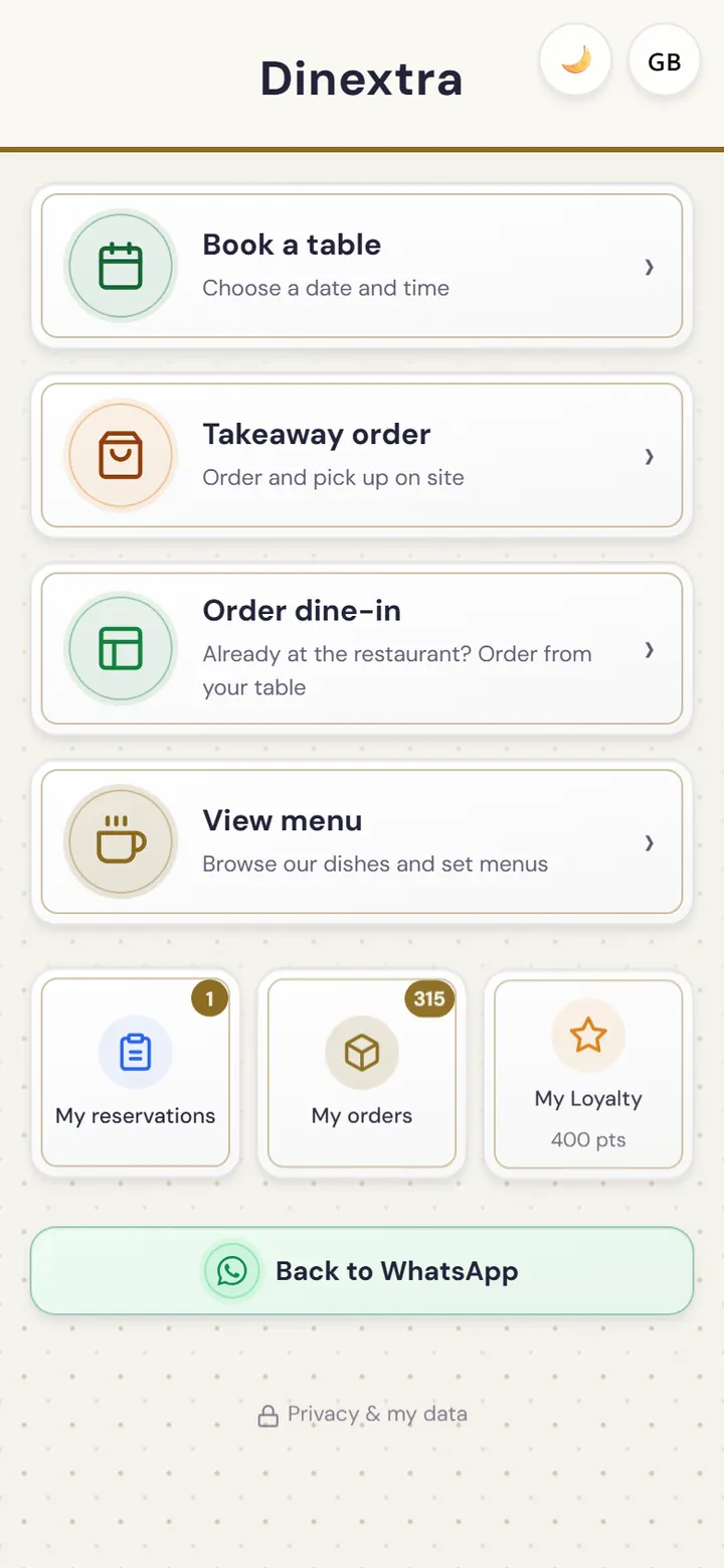 Home screen of the restaurant’s web app