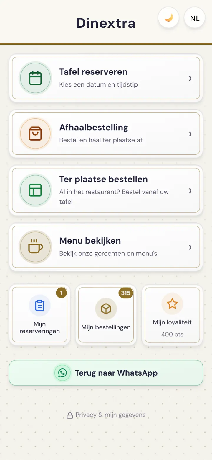 Startscherm van de webapp van het restaurant