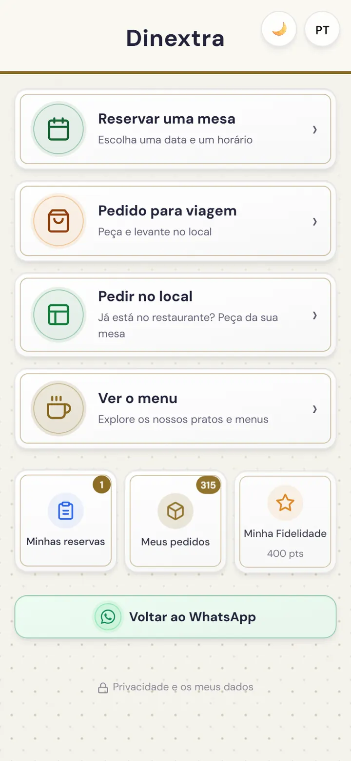 Ecrã inicial da webapp do restaurante