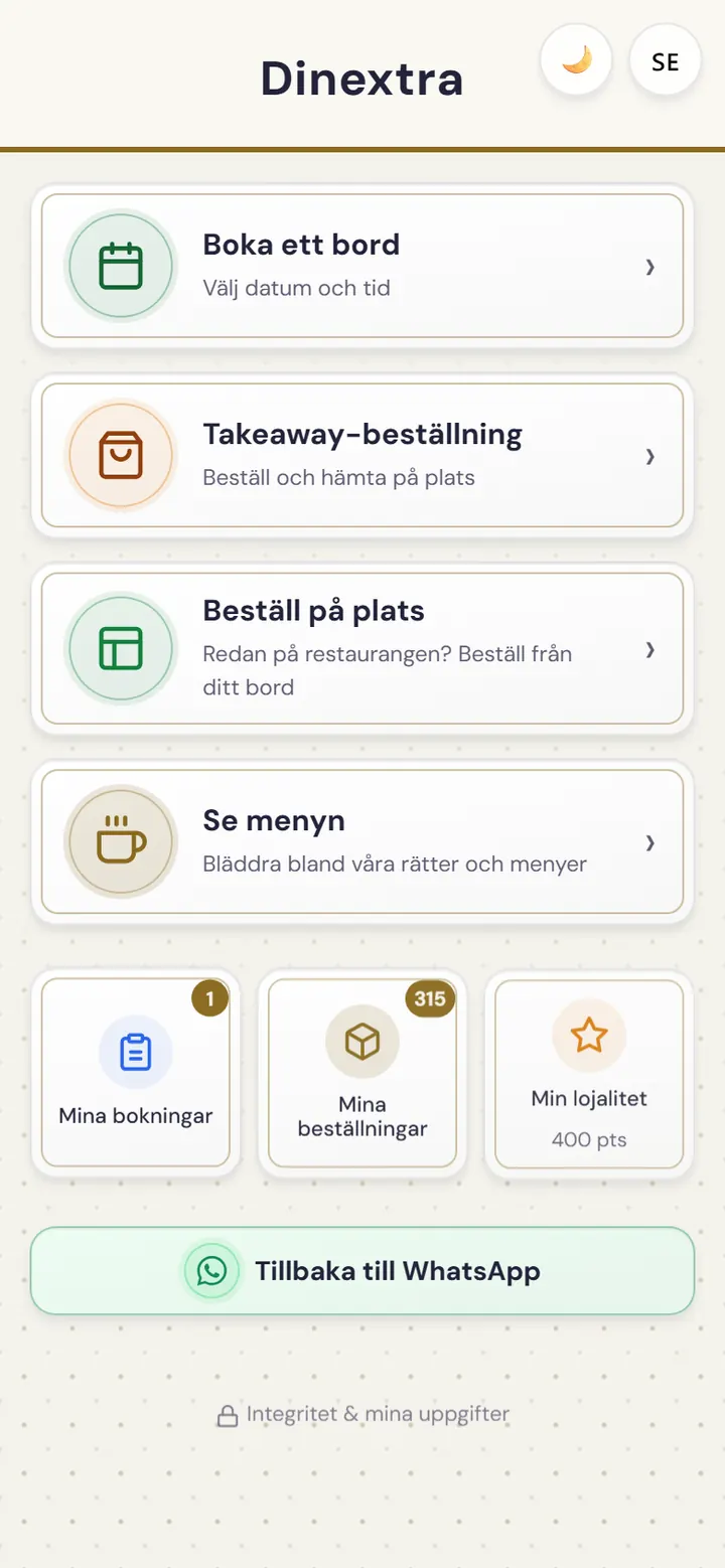 Startskärmen i restaurangens webbapp
