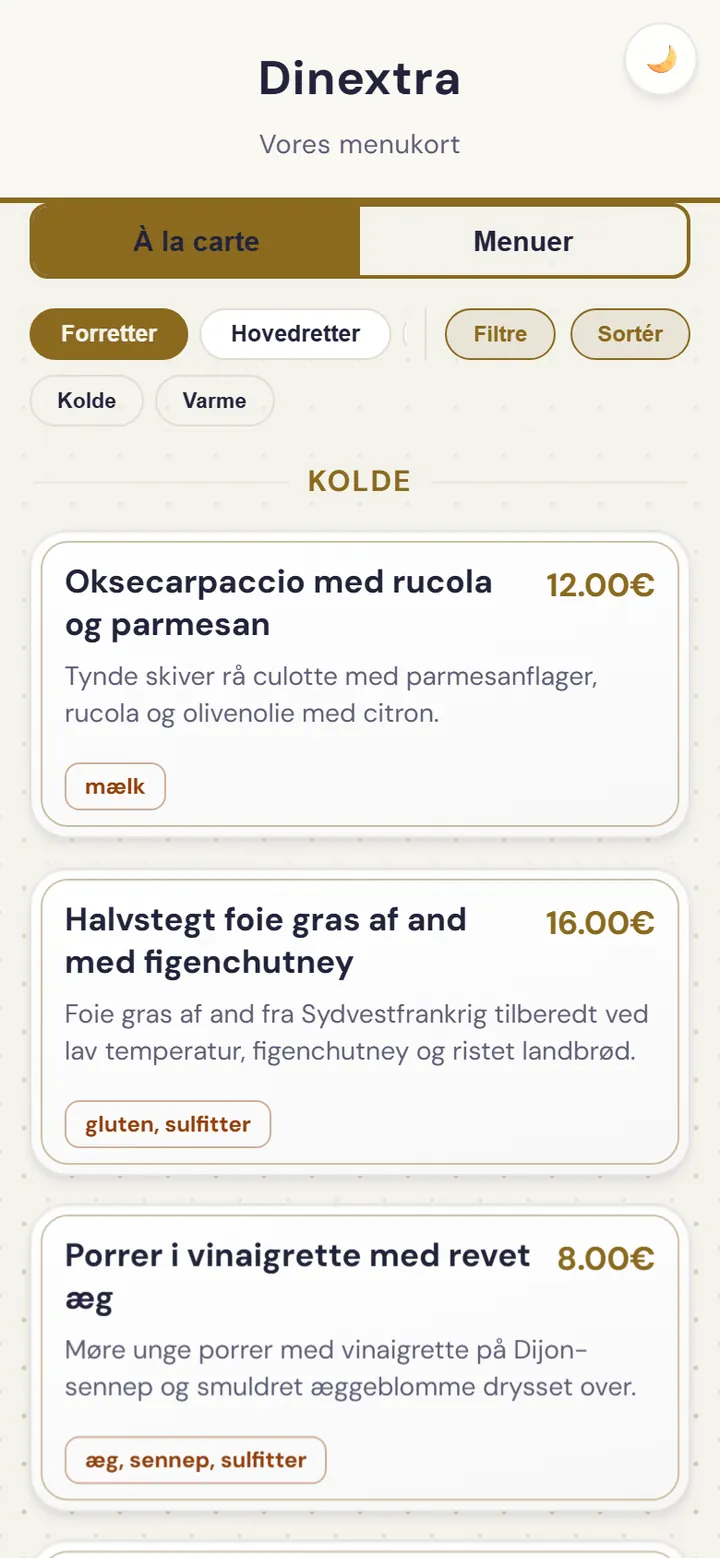 Restaurantens menukort i webappen