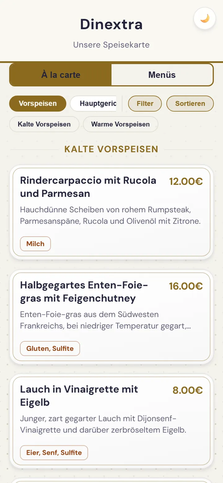 Die Speisekarte des Restaurants in der Web-App