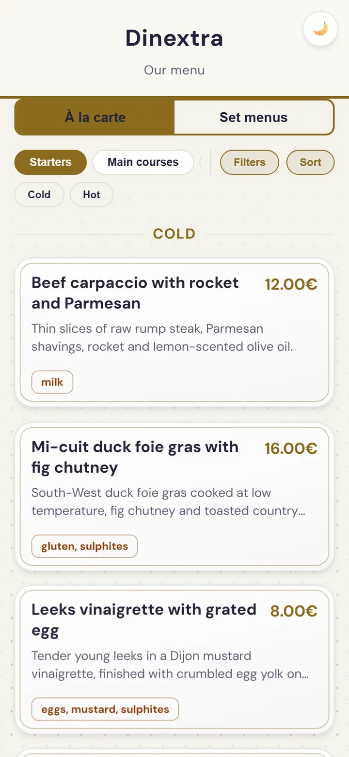 Die Speisekarte des Restaurants in der Web-App