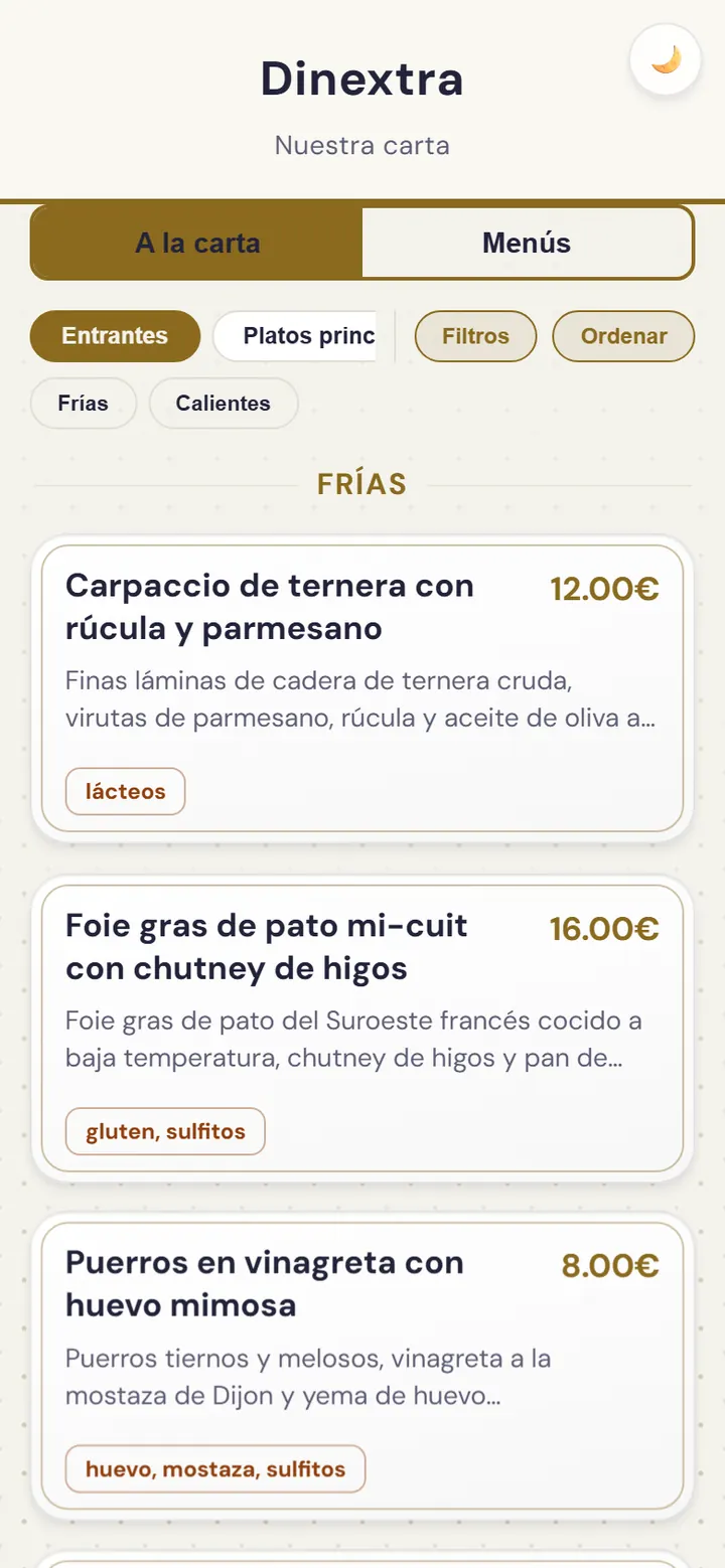Die Speisekarte des Restaurants in der Web-App