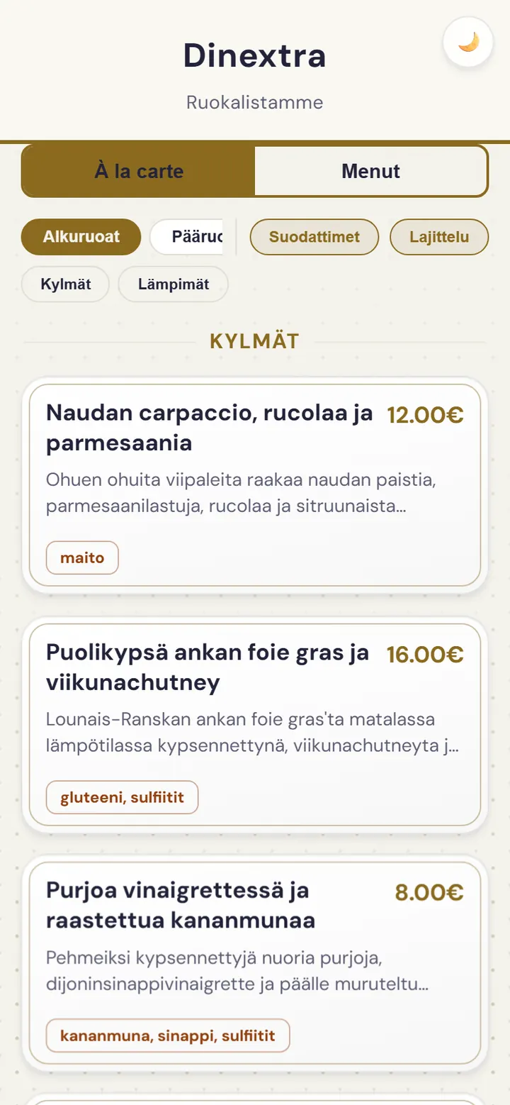 Ravintolan ruokalista verkkosovelluksessa
