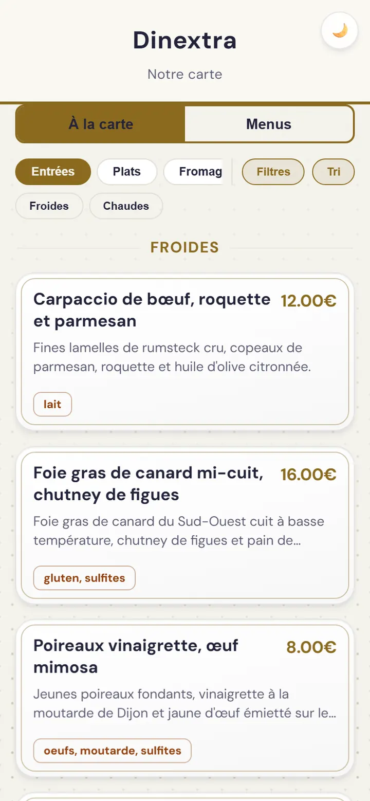 Die Speisekarte des Restaurants in der Web-App