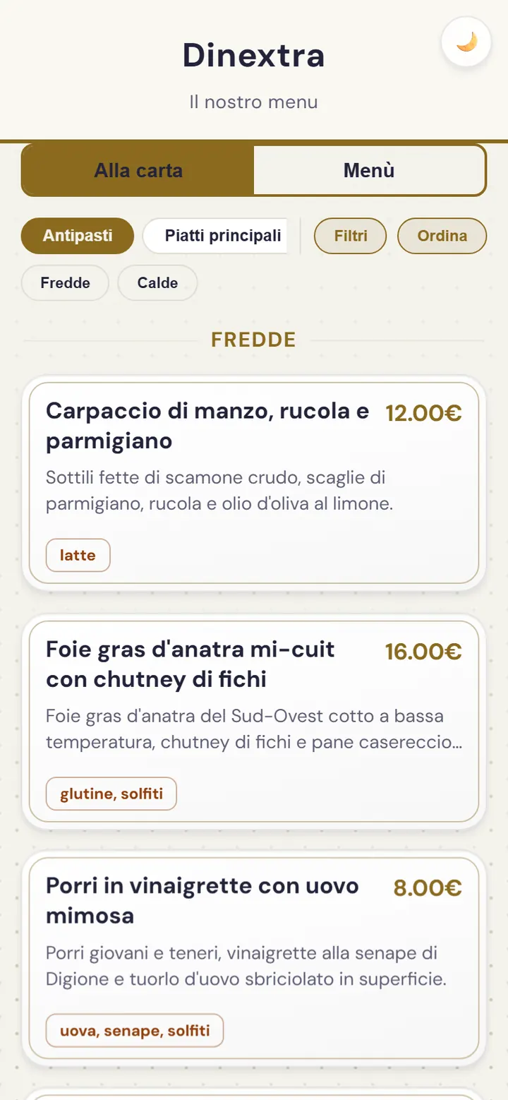Die Speisekarte des Restaurants in der Web-App