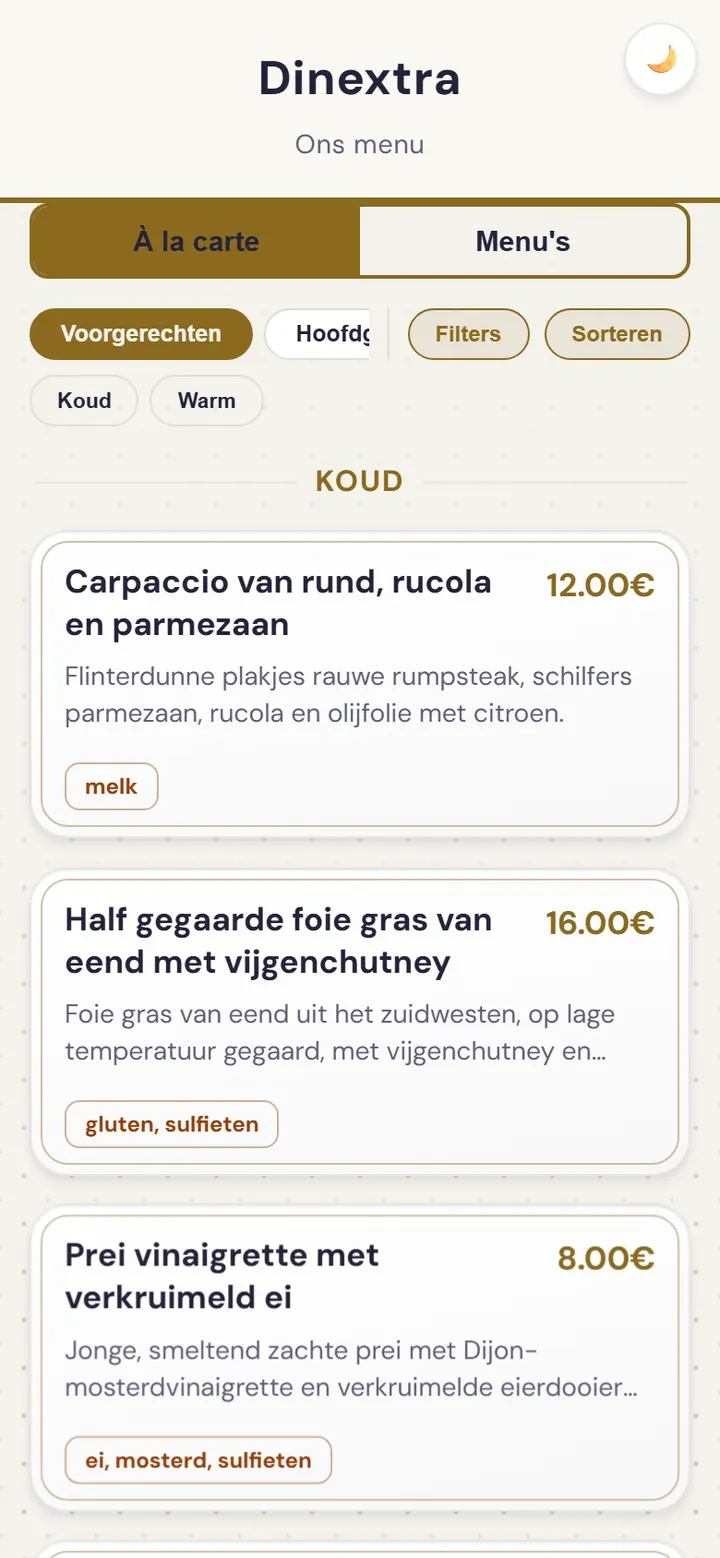 De kaart van het restaurant in de webapp
