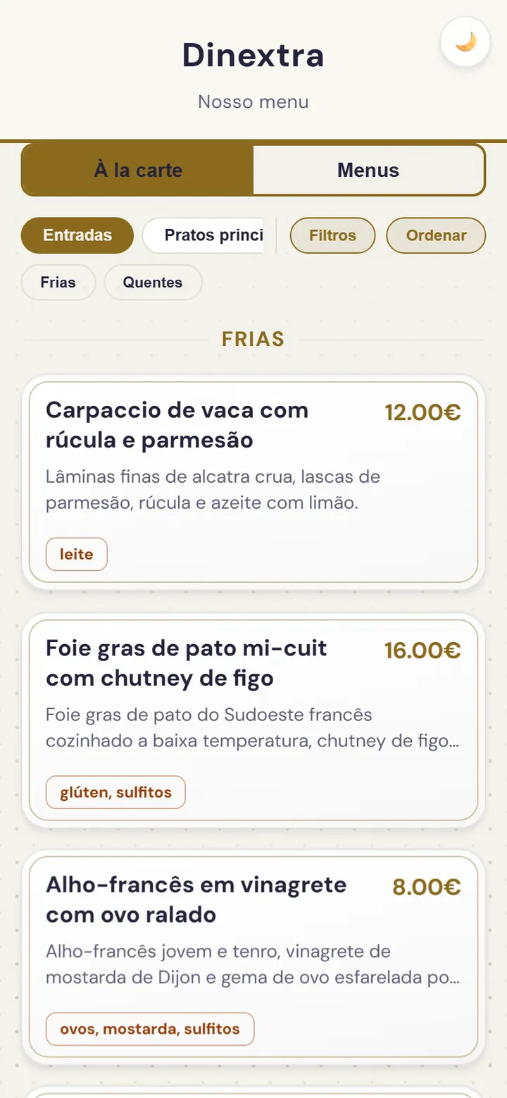 Die Speisekarte des Restaurants in der Web-App
