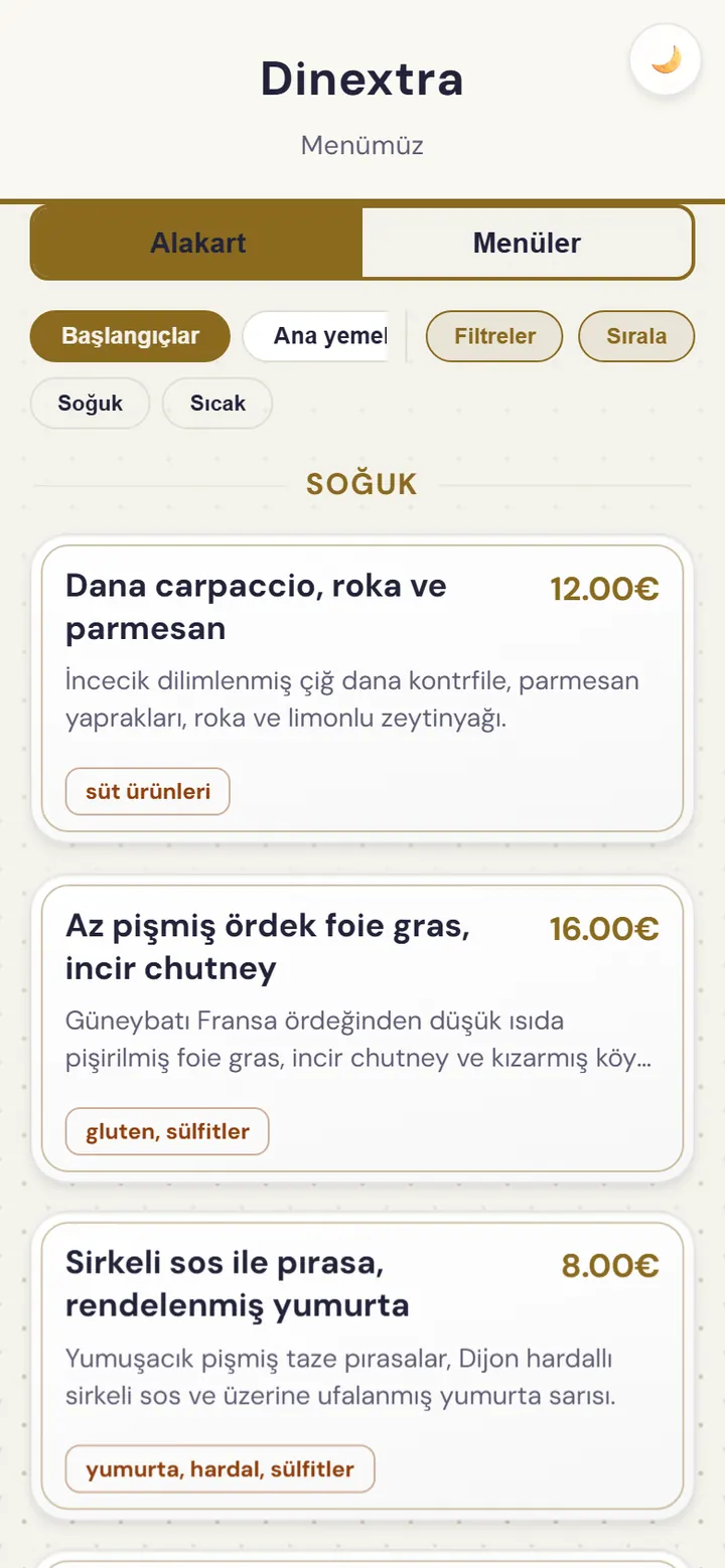 Web uygulamasındaki restoran menüsü