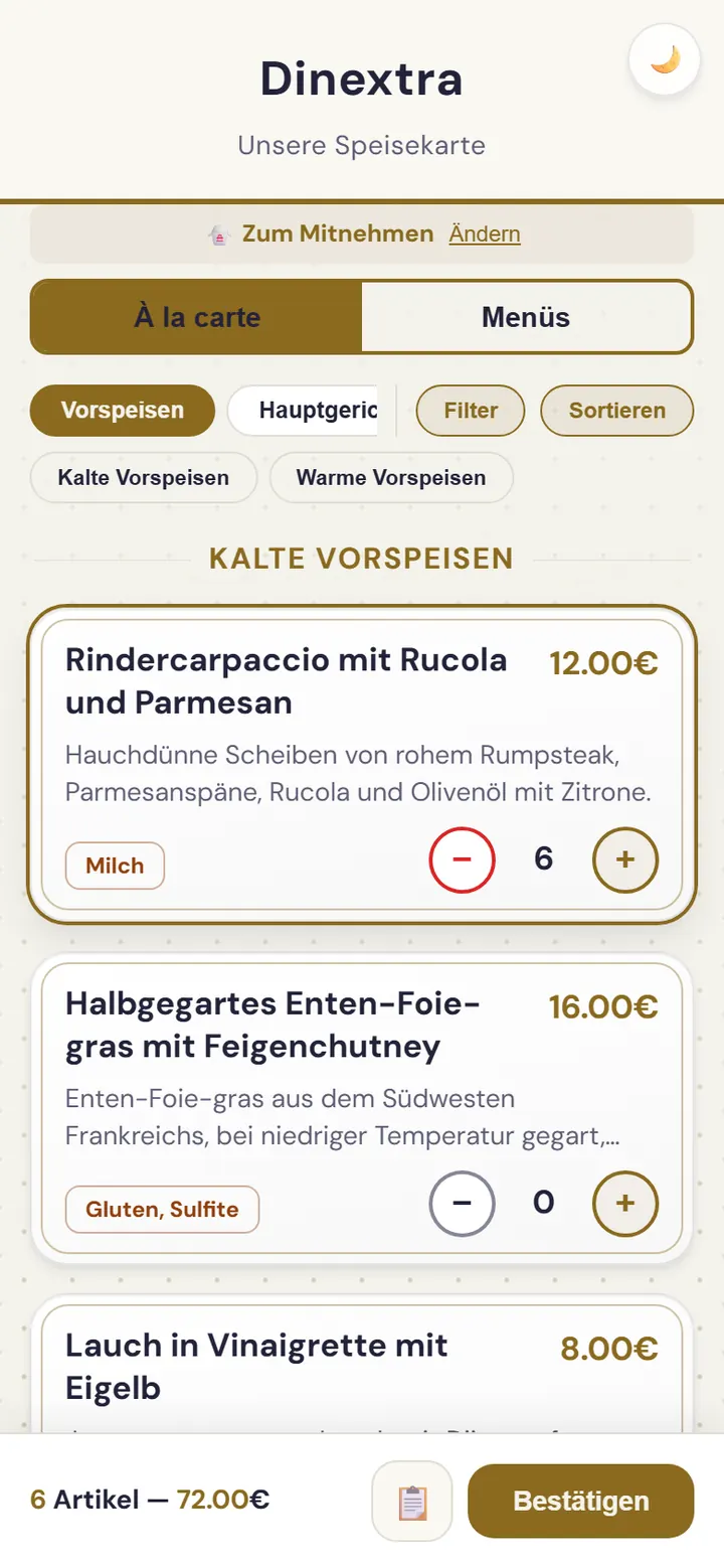 Bildschirm für Bestellungen zum Mitnehmen
