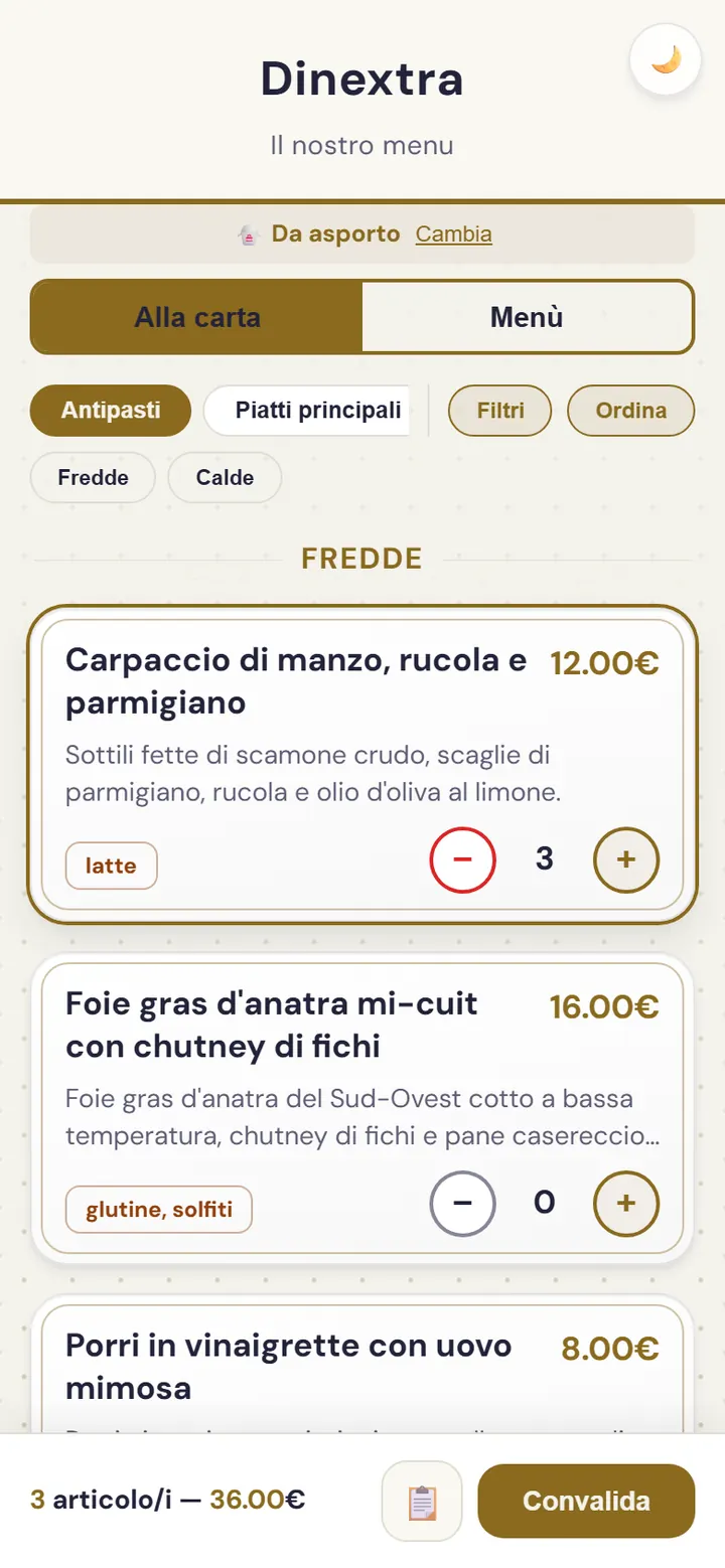 Schermata di ordine da asporto