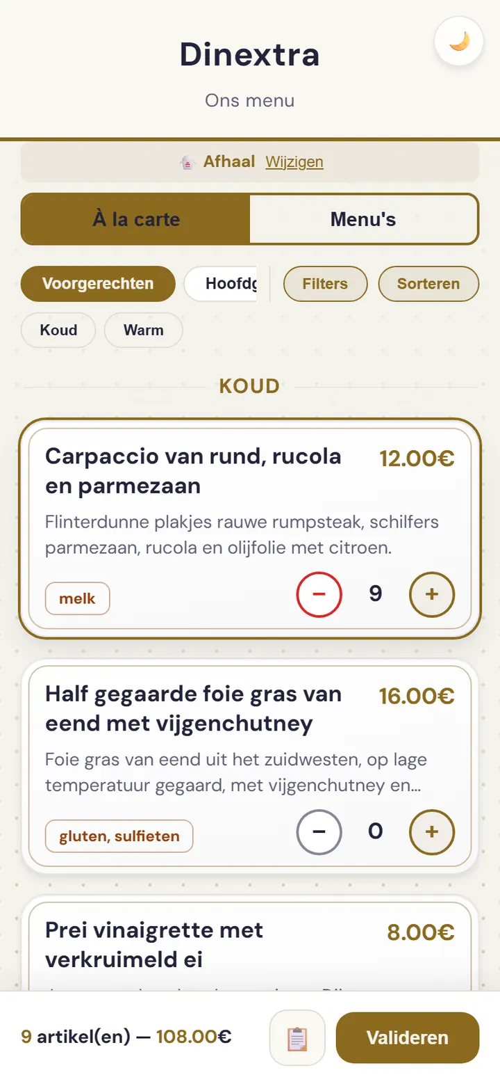 Scherm voor afhaalbestellingen