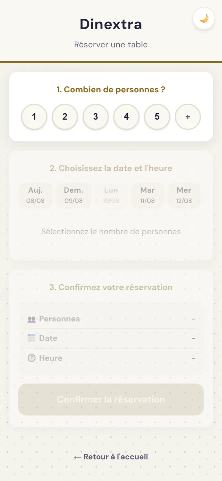 Écran de réservation de table