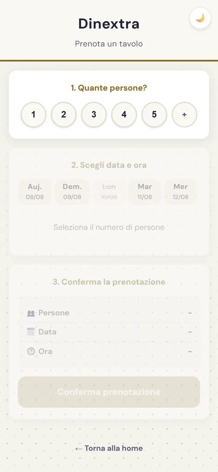 Schermata di prenotazione del tavolo